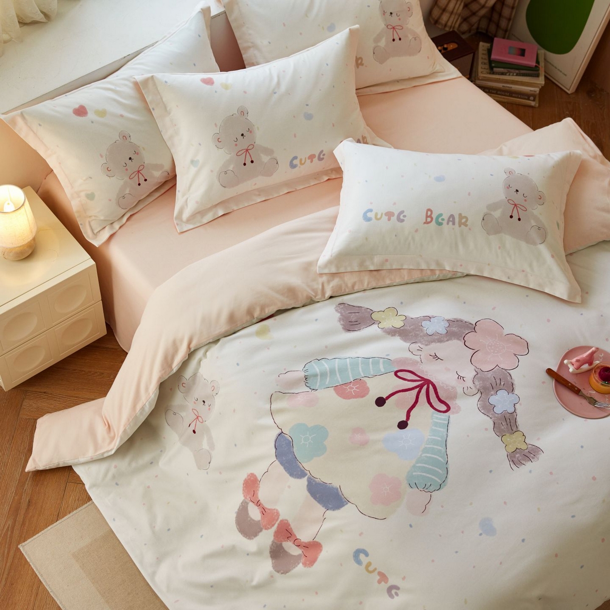 91家纺网 家纺一手货源 找家纺 未来家居 2025新款焕新南疆秋冬全棉加厚磨毛纯色印花四件套 可爱哆米