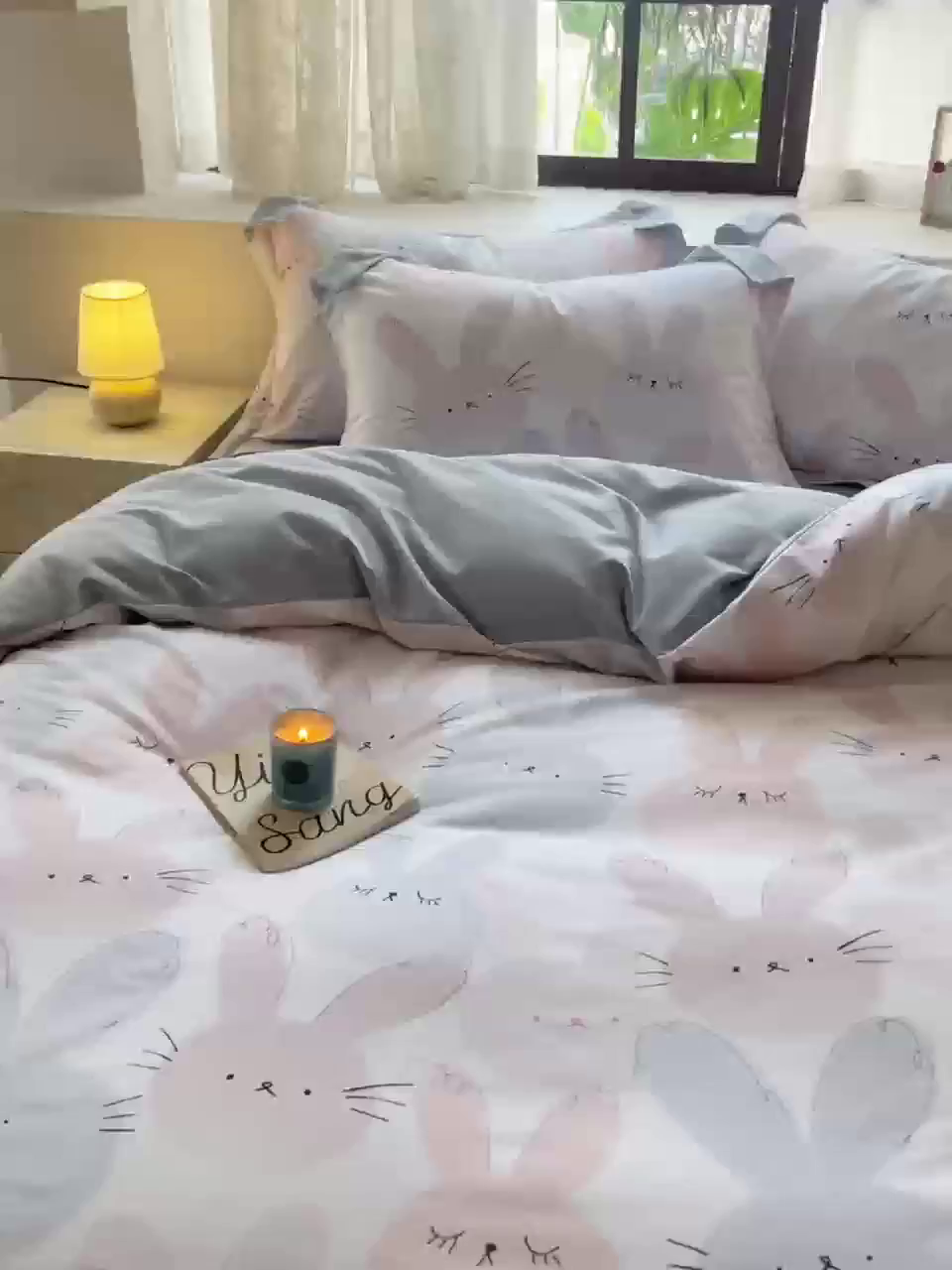 91家纺网 家纺一手货源 找家纺 未来家居 2025新款焕新南疆秋冬全棉加厚磨毛纯色印花四件套 萌萌兔粉