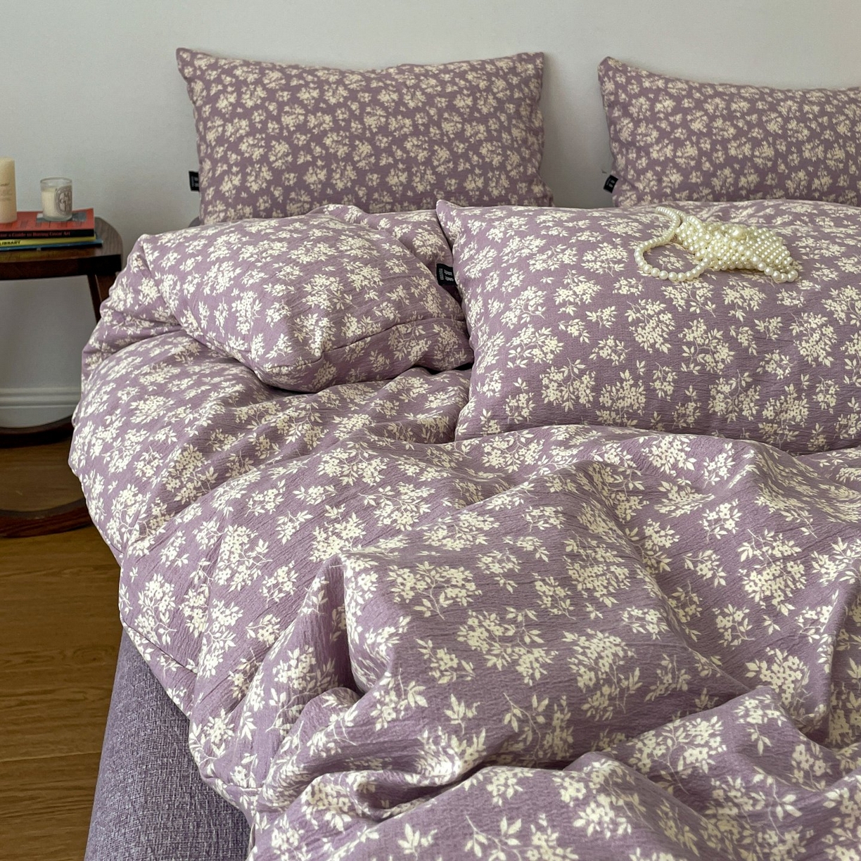 91家纺网 家纺一手货源 找家纺 梦纤绒 2025秋冬新款A类高克重亚麻复古诧季风原麻系列四件套 紫嫣