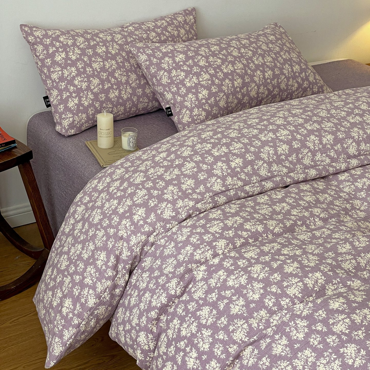 91家纺网 家纺一手货源 找家纺 梦纤绒 2025秋冬新款A类高克重亚麻复古诧季风原麻系列四件套 紫嫣