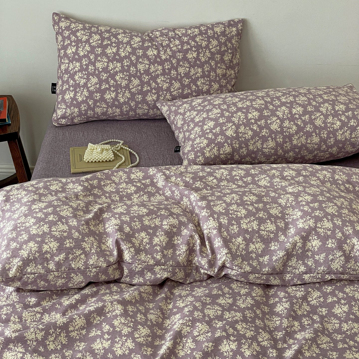 91家纺网 家纺一手货源 找家纺 梦纤绒 2025秋冬新款A类高克重亚麻复古诧季风原麻系列四件套 紫嫣