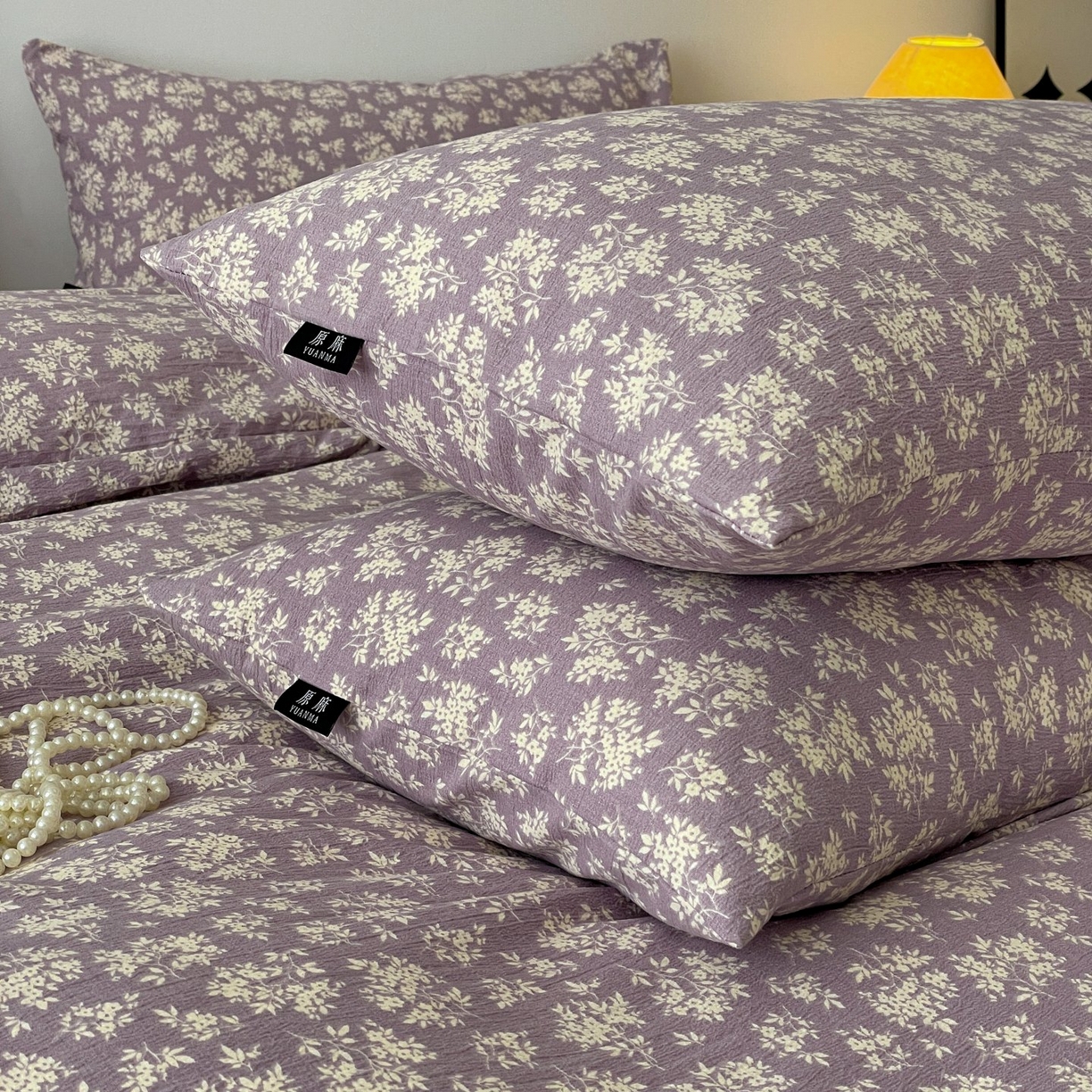 91家纺网 家纺一手货源 找家纺 梦纤绒 2025秋冬新款A类高克重亚麻复古诧季风原麻系列四件套 紫嫣