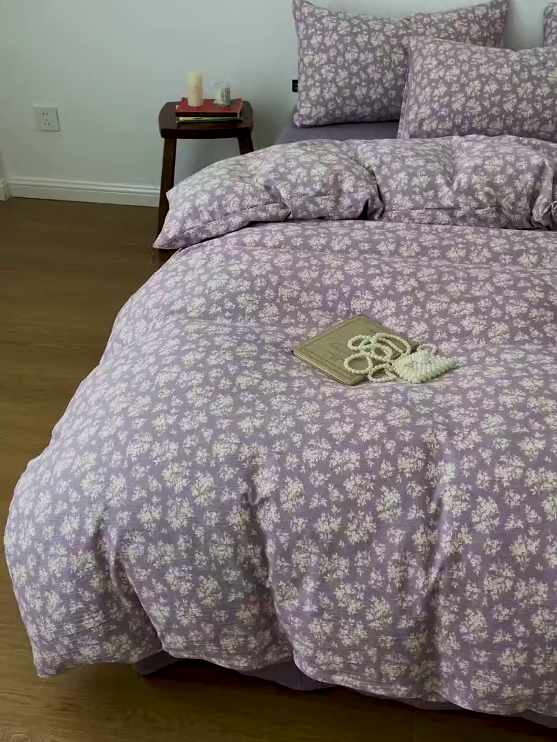 91家纺网 家纺一手货源 找家纺 梦纤绒 2025秋冬新款A类高克重亚麻复古诧季风原麻系列四件套 紫嫣