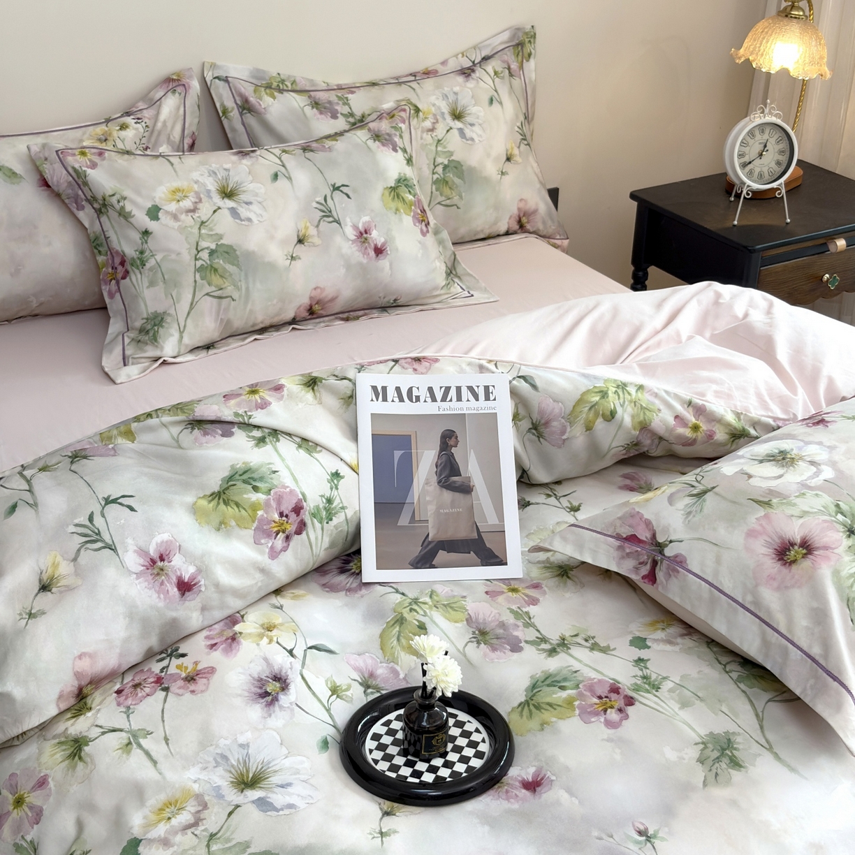 91家纺网 家纺一手货源 找家纺 未来家居 2025新款焕新南疆秋冬全棉加厚磨毛纯色印花四件套 春晓-粉