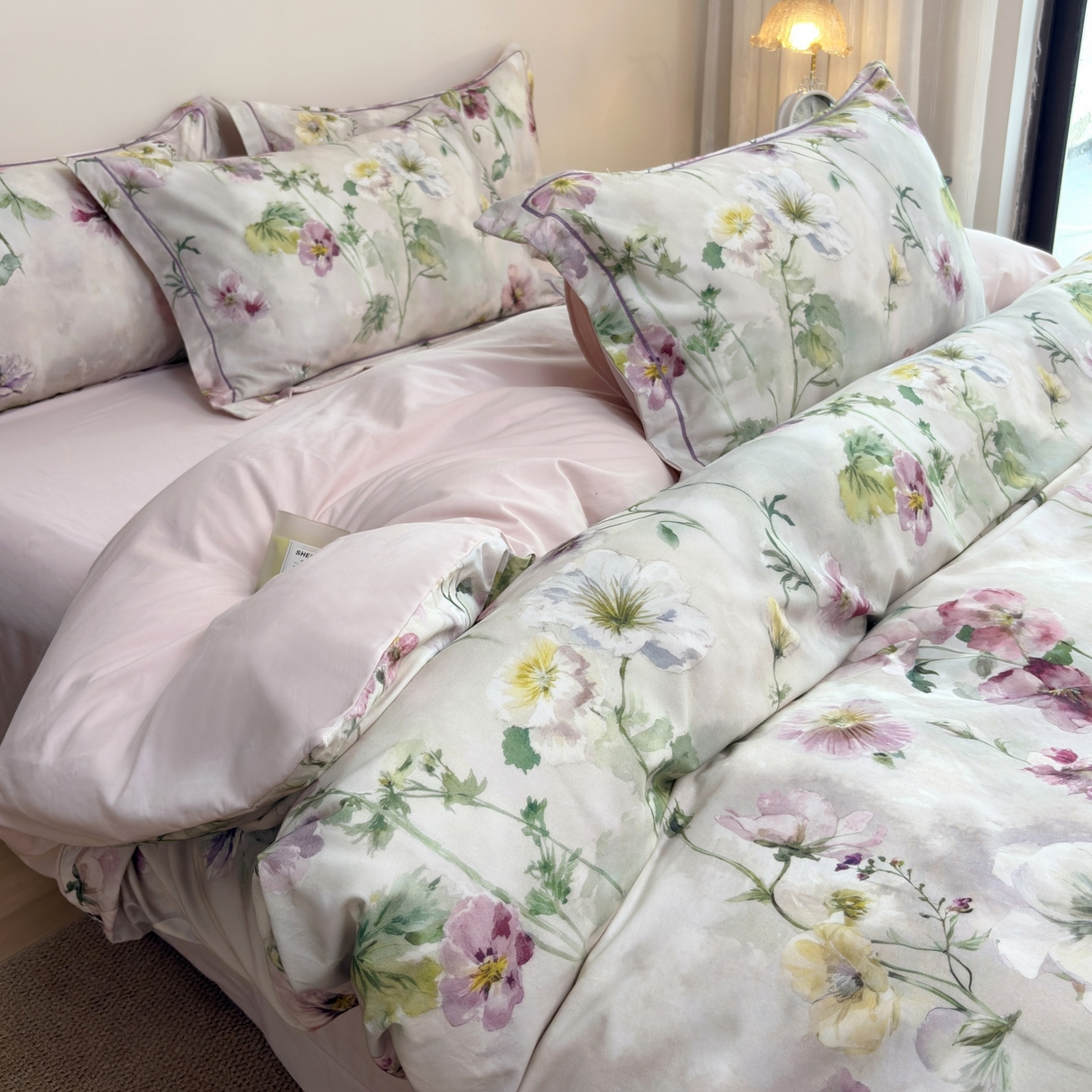 91家纺网 家纺一手货源 找家纺 未来家居 2025新款焕新南疆秋冬全棉加厚磨毛纯色印花四件套 春晓-粉