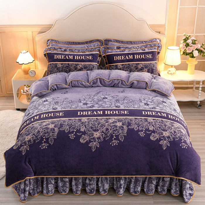 91家纺网 家纺一手货源 找家纺 羽梦2025新款8.5斤牛奶法莱绒金貂法兰绒四件套直播爆款花娇百媚-灰