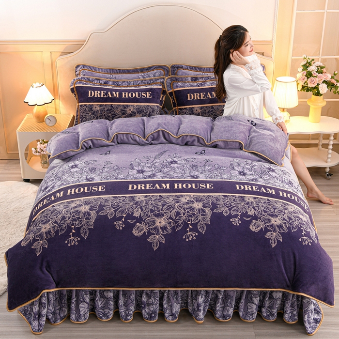 91家纺网 家纺一手货源 找家纺 羽梦2025新款8.5斤牛奶法莱绒金貂法兰绒四件套直播爆款花娇百媚-灰