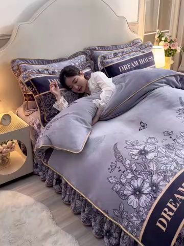 91家纺网 家纺一手货源 找家纺 羽梦2025新款8.5斤牛奶法莱绒金貂法兰绒四件套直播爆款花娇百媚-灰