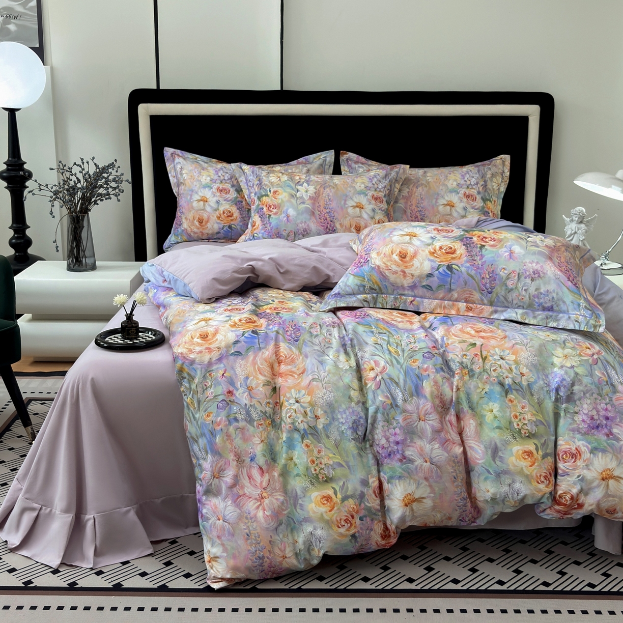 91家纺网 家纺一手货源 找家纺 未来家居 2025新款焕新南疆秋冬全棉加厚磨毛纯色印花四件套 花汀月-紫