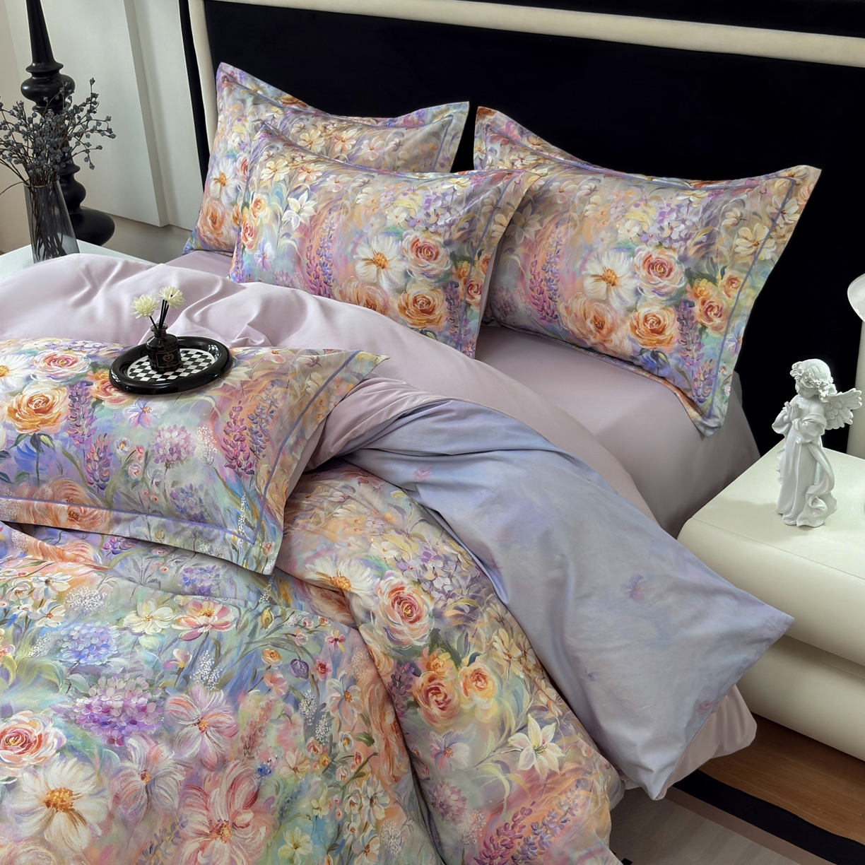 91家纺网 家纺一手货源 找家纺 未来家居 2025新款焕新南疆秋冬全棉加厚磨毛纯色印花四件套 花汀月-紫