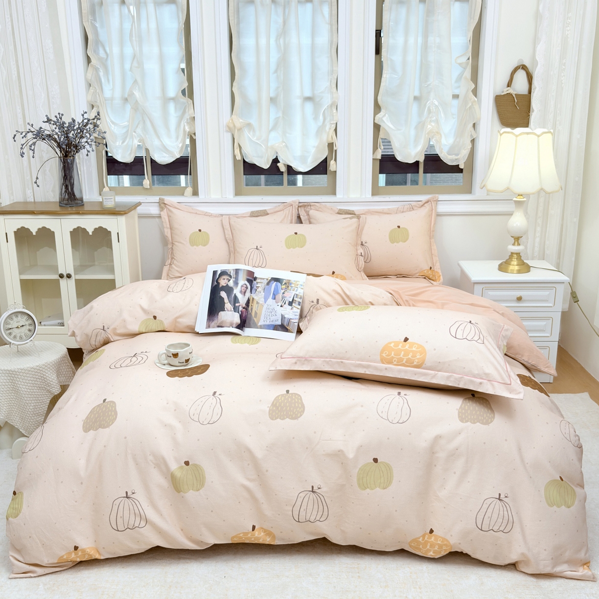 未来家居 2025新款焕新南疆秋冬全棉加厚磨毛纯色印花四件套 南瓜派-粉