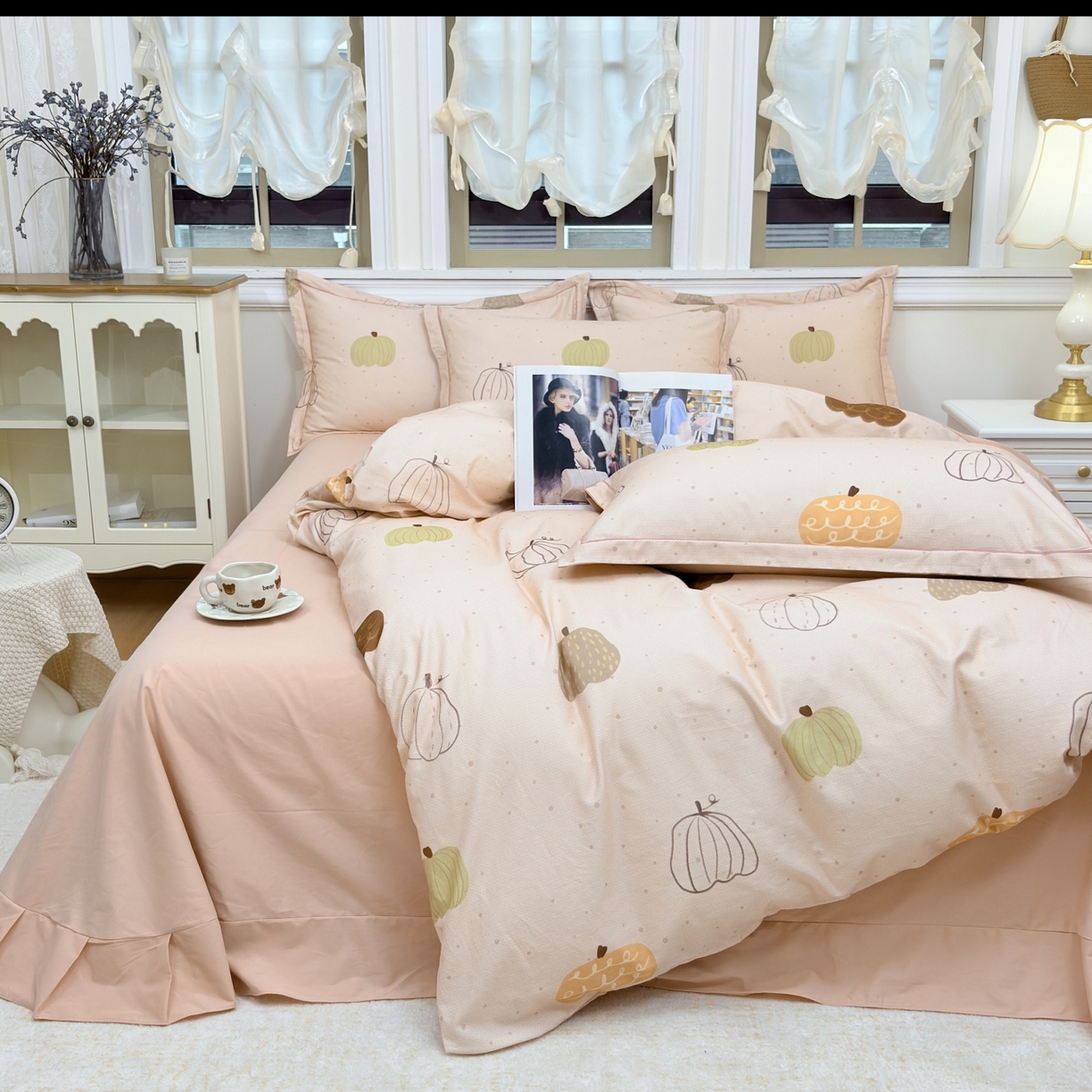 91家纺网 家纺一手货源 找家纺 未来家居 2025新款焕新南疆秋冬全棉加厚磨毛纯色印花四件套 南瓜派-粉