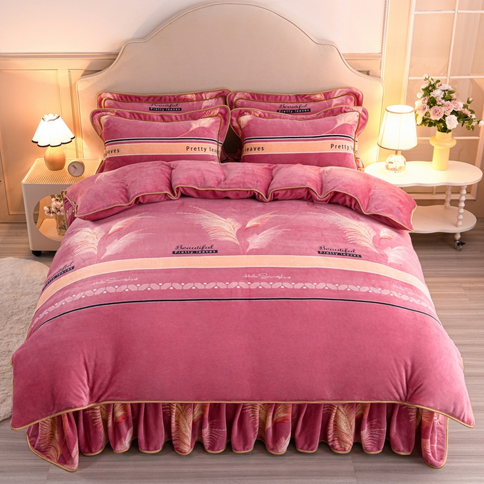 91家纺网 家纺一手货源 找家纺 羽梦2025新款8.5斤牛奶法莱绒金貂法兰绒四件套直播爆款梦羽-粉