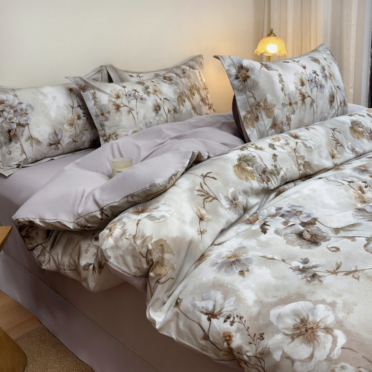 91家纺网 家纺一手货源 找家纺 未来家居 2025新款焕新南疆秋冬全棉加厚磨毛纯色印花四件套 春晓-咖