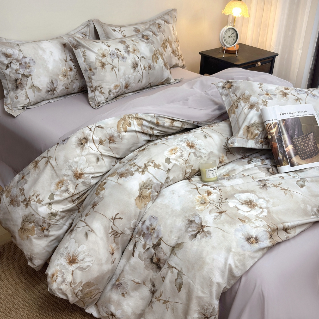 91家纺网 家纺一手货源 找家纺 未来家居 2025新款焕新南疆秋冬全棉加厚磨毛纯色印花四件套 春晓-咖