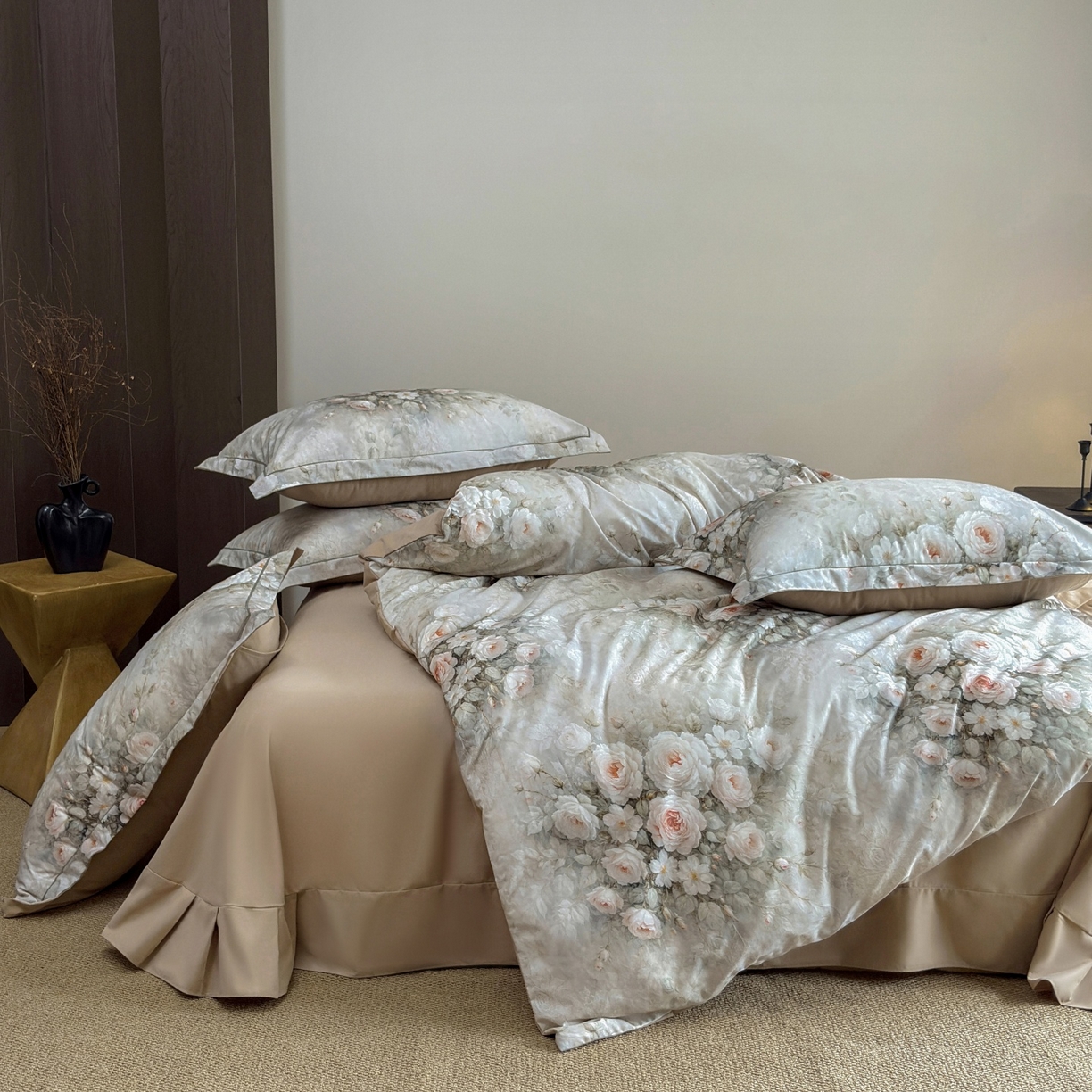 91家纺网 家纺一手货源 找家纺 未来家居 2025新款焕新南疆秋冬全棉加厚磨毛纯色印花四件套 满堂香-米