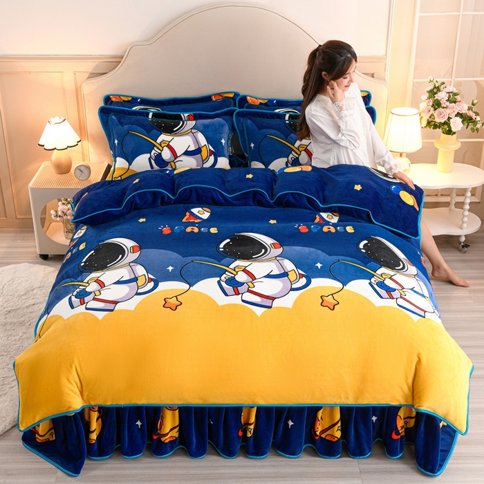 91家纺网 家纺一手货源 找家纺 羽梦2025新款8.5斤牛奶法莱绒金貂法兰绒四件套直播爆款天空之旅