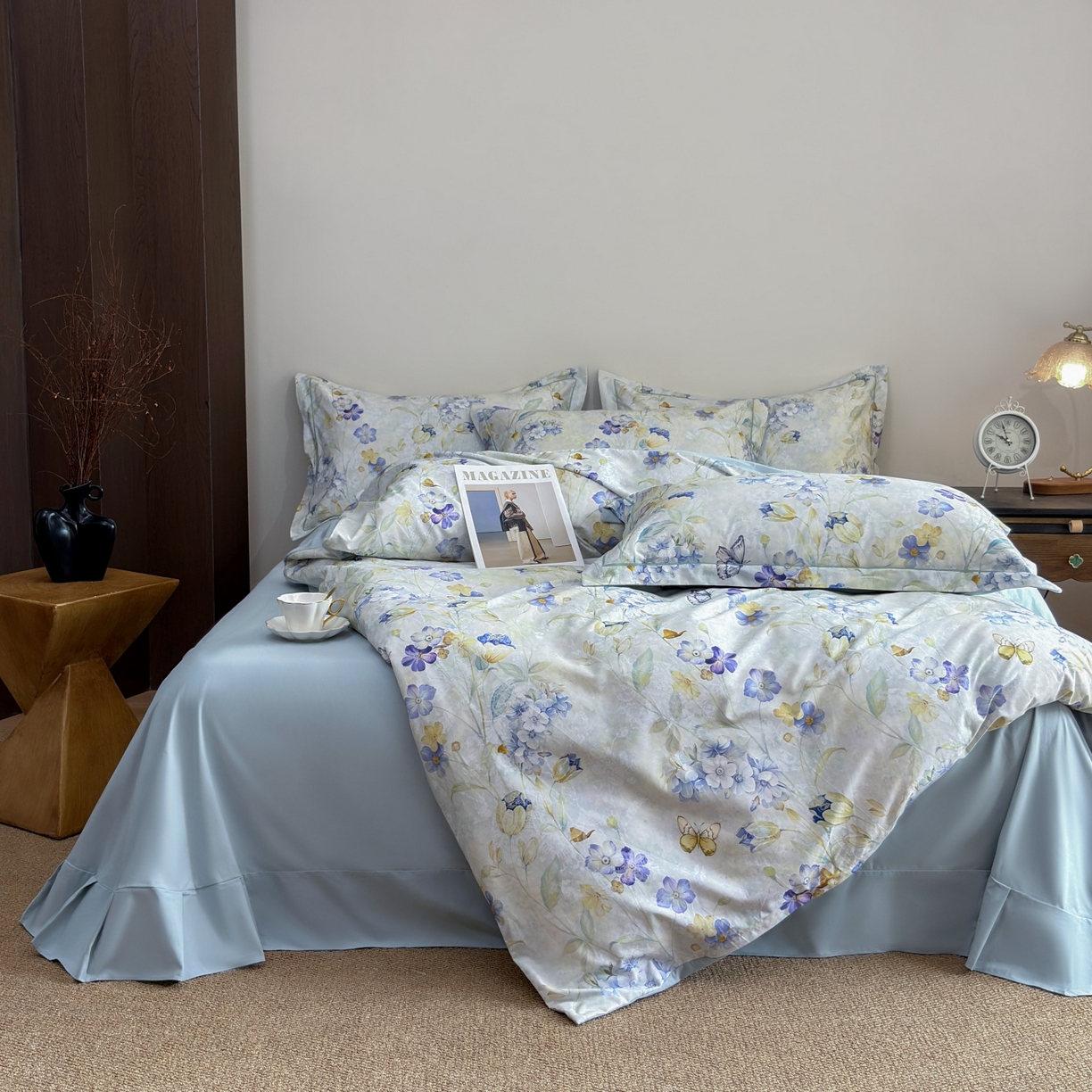 91家纺网 家纺一手货源 找家纺 未来家居 2025新款焕新南疆秋冬全棉加厚磨毛纯色印花四件套 夕瑶-蓝