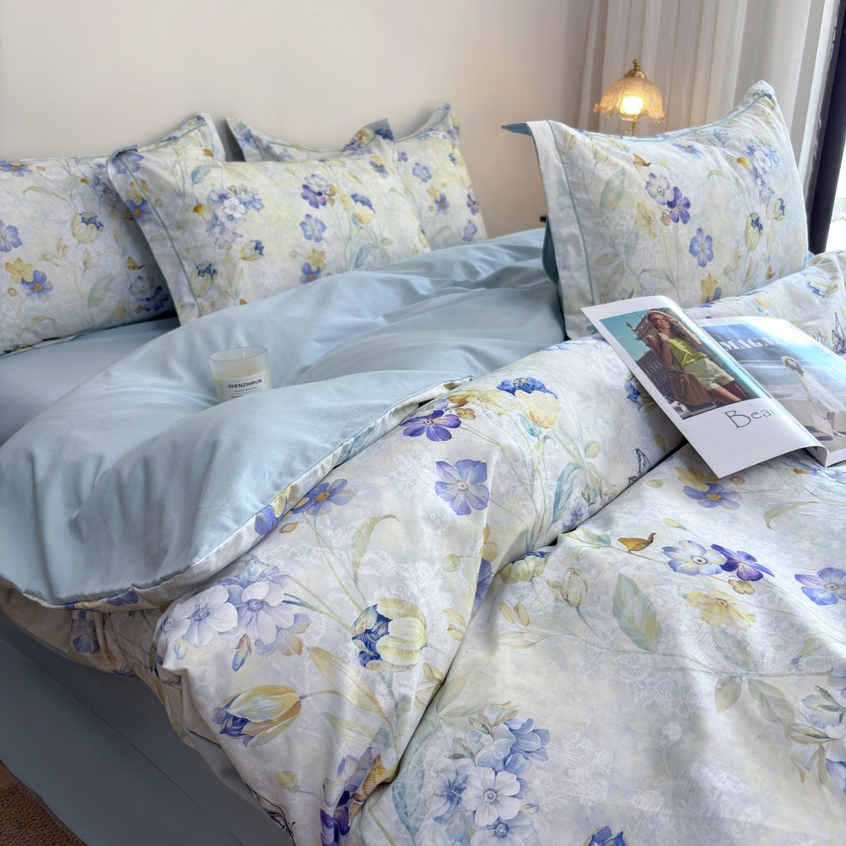 91家纺网 家纺一手货源 找家纺 未来家居 2025新款焕新南疆秋冬全棉加厚磨毛纯色印花四件套 夕瑶-蓝