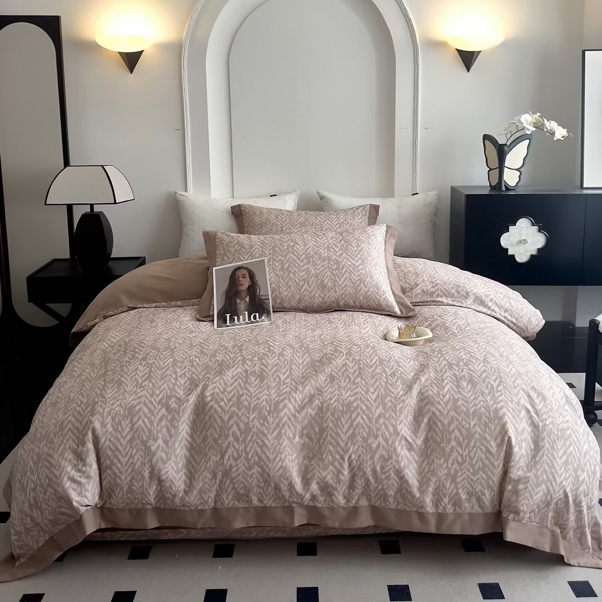 未来家居 2025秋冬新款全棉超柔磨毛拼角宽边工艺款四件套 花序-咖