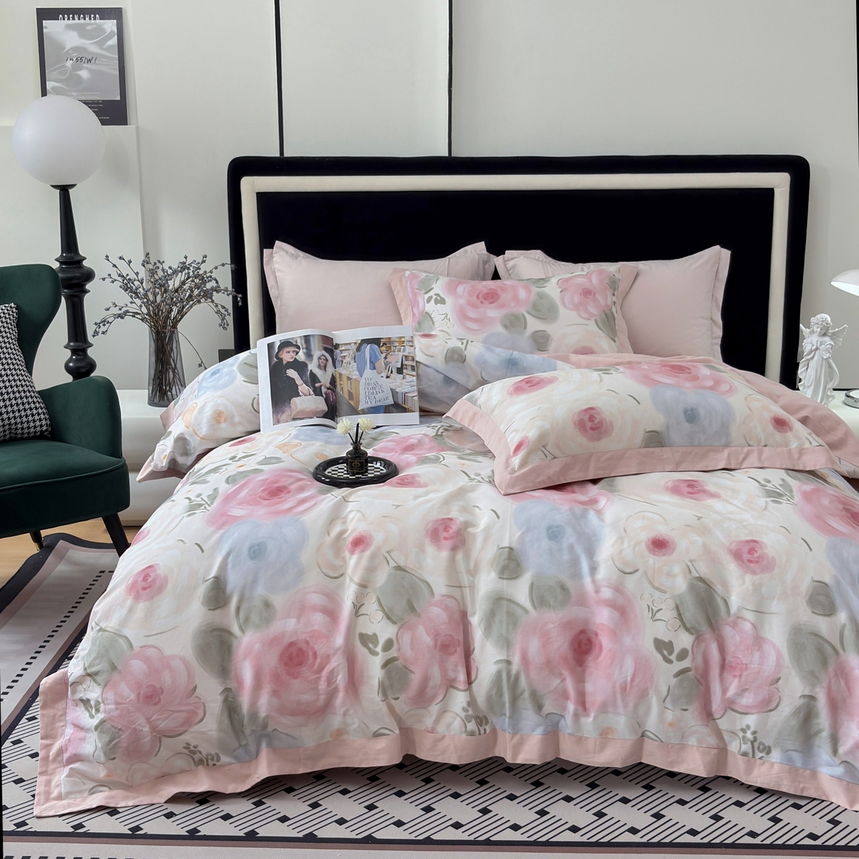 91家纺网 家纺一手货源 找家纺 未来家居 2025秋冬新款全棉超柔磨毛拼角宽边工艺款四件套 桃汐-粉