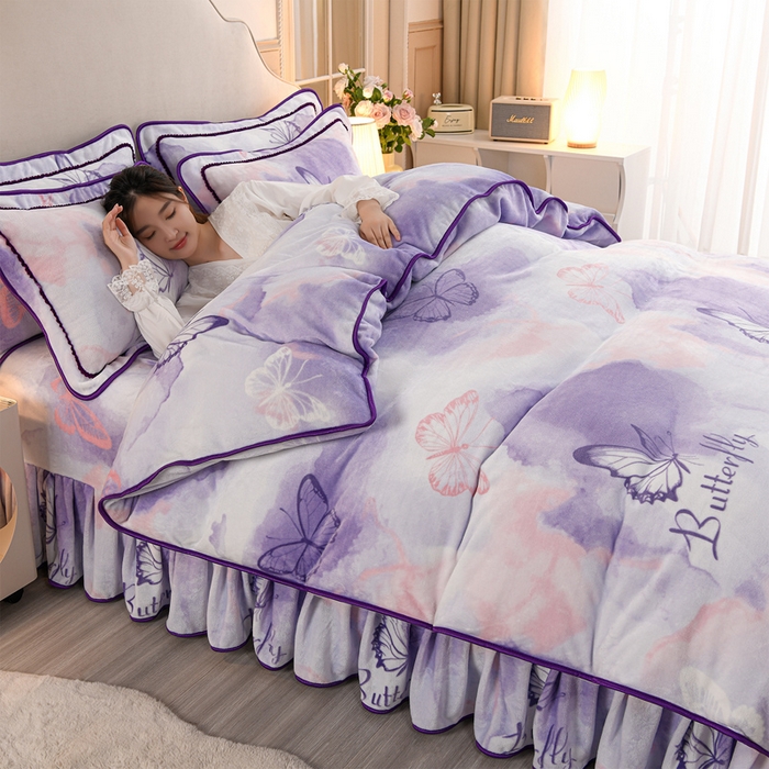 91家纺网 家纺一手货源 找家纺 羽梦2025新款8.5斤牛奶法莱绒金貂法兰绒四件套直播爆款紫韵