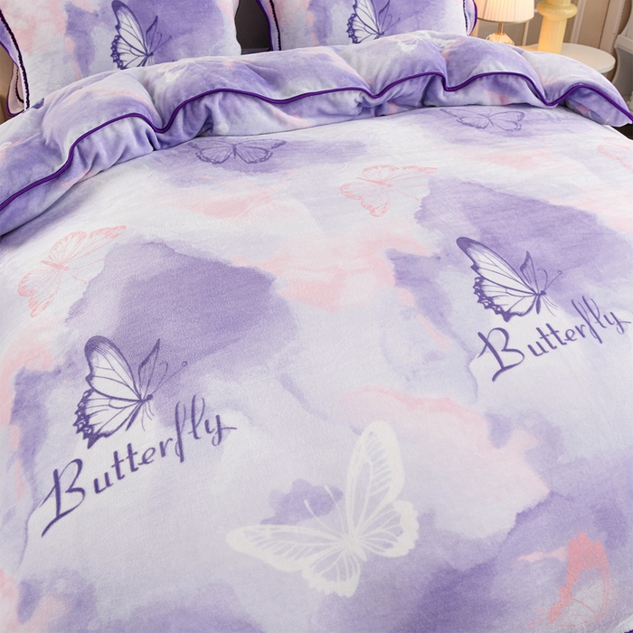 91家纺网 家纺一手货源 找家纺 羽梦2025新款8.5斤牛奶法莱绒金貂法兰绒四件套直播爆款紫韵