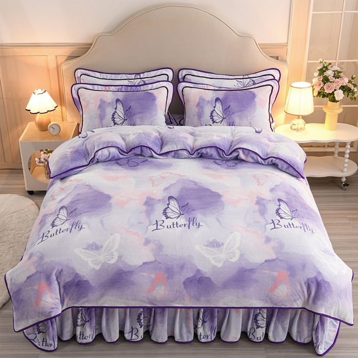 91家纺网 家纺一手货源 找家纺 羽梦2025新款8.5斤牛奶法莱绒金貂法兰绒四件套直播爆款紫韵