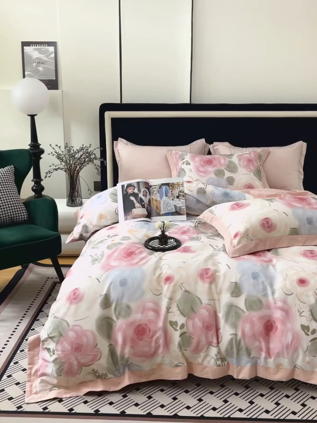 91家纺网 家纺一手货源 找家纺 未来家居 2025秋冬新款全棉超柔磨毛拼角宽边工艺款四件套 桃汐-粉