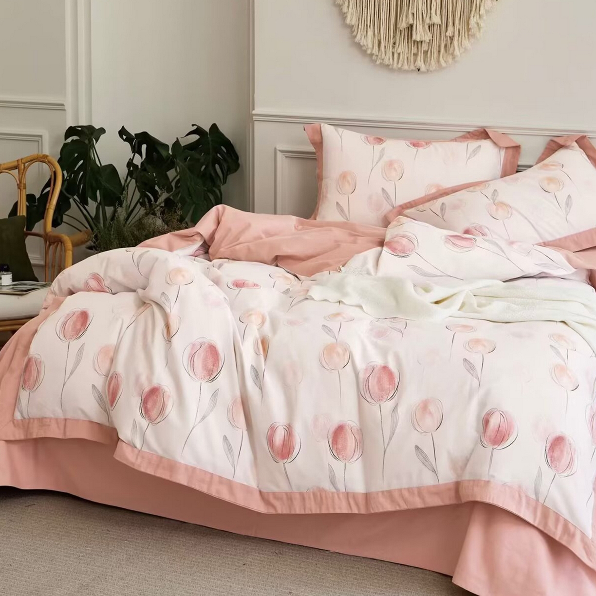 未来家居 2025秋冬新款全棉超柔磨毛拼角宽边工艺款四件套 遇见你-粉