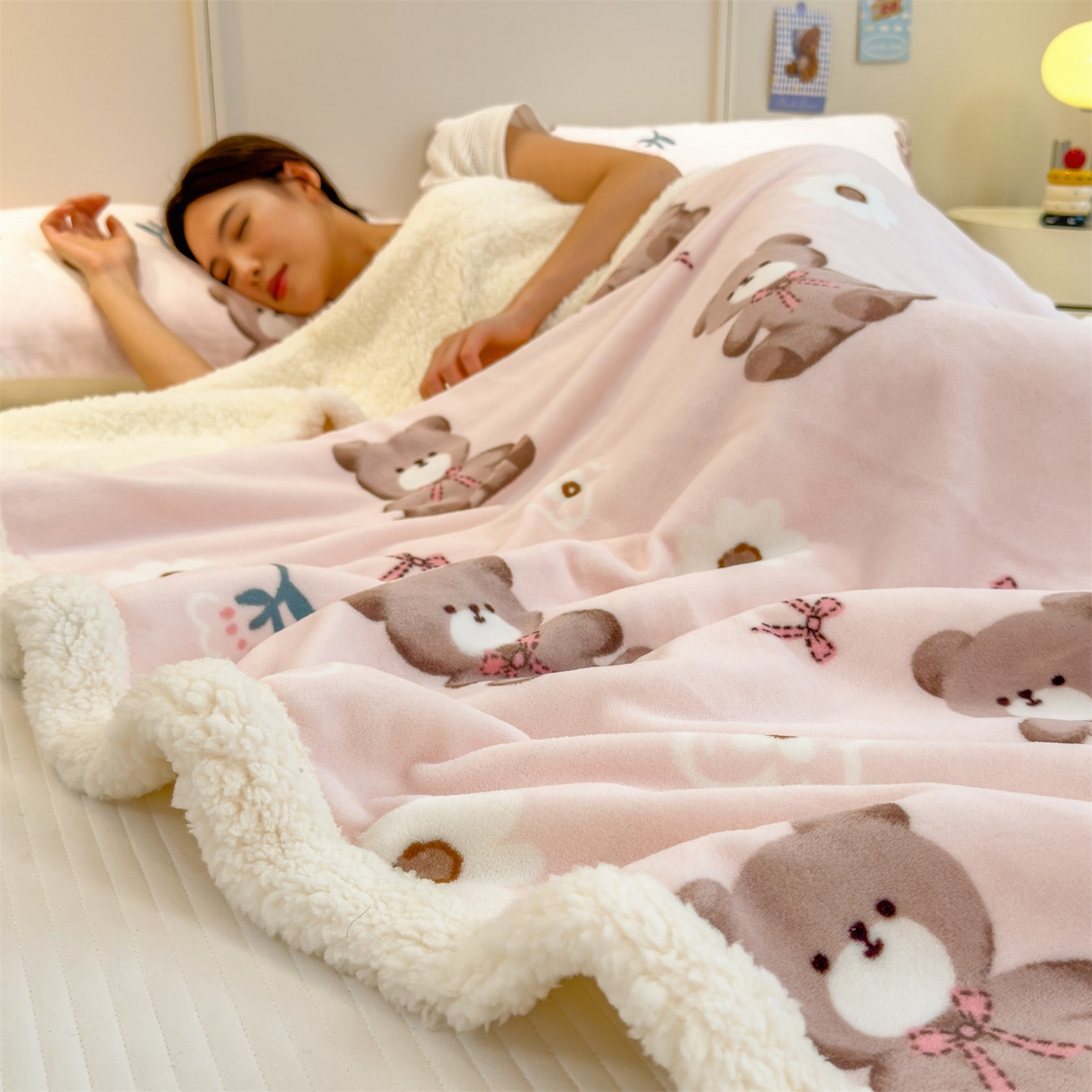 91家纺网 家纺一手货源 找家纺 丝幔家纺 2025新款A类卡通牛奶绒毛毯多功能毯 花园小熊