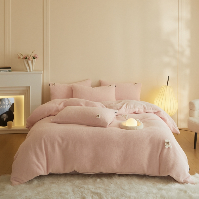 91家纺网 家纺一手货源 找家纺 羽梦家纺 2025新款260克加厚全消光糯米绒阳光绒加厚保暖四件套 糯米绒-粉黛雪