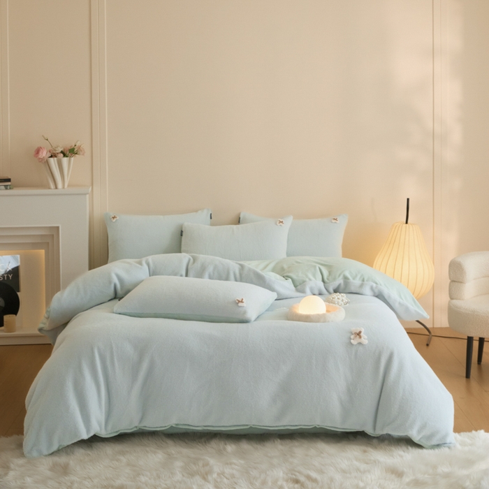 91家纺网 家纺一手货源 找家纺 羽梦家纺 2025新款260克加厚全消光糯米绒阳光绒加厚保暖四件套 糯米绒-气泡蓝