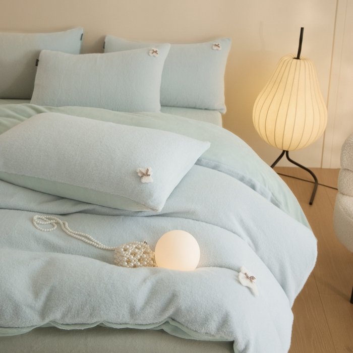 91家纺网 家纺一手货源 找家纺 羽梦家纺 2025新款260克加厚全消光糯米绒阳光绒加厚保暖四件套 糯米绒-气泡蓝