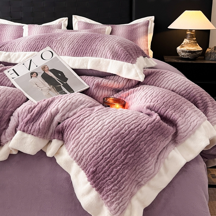 91家纺网 家纺一手货源 找家纺 羽梦家纺 2025秋冬新品260克加厚全消光貂狐绒工艺款超保暖四件套 九尾狐-紫色