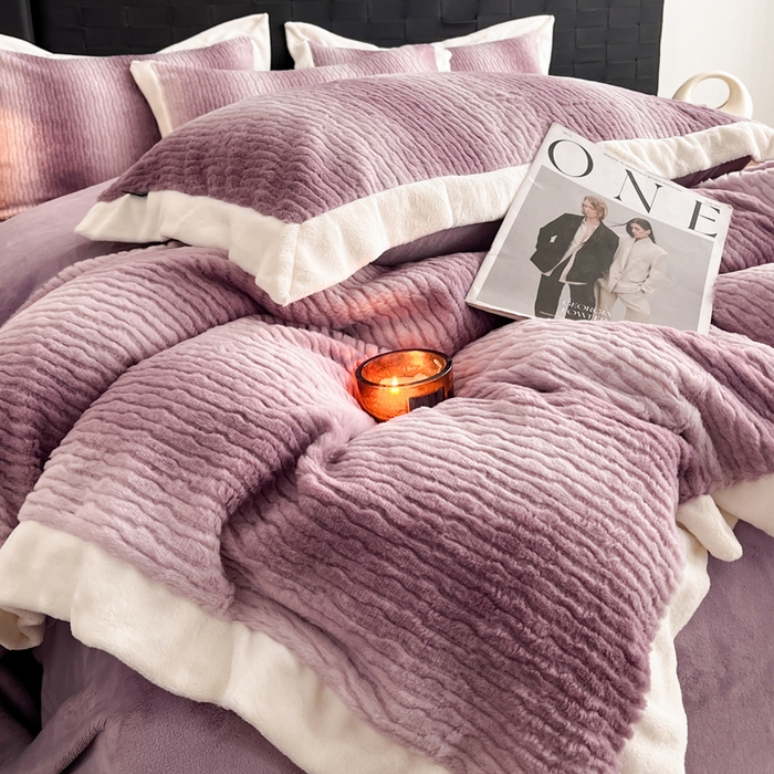 91家纺网 家纺一手货源 找家纺 羽梦家纺 2025秋冬新品260克加厚全消光貂狐绒工艺款超保暖四件套 九尾狐-紫色