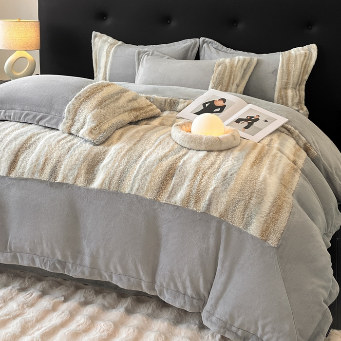 91家纺网 家纺一手货源 找家纺 羽梦家纺 2025新款260克加厚全消光皮草款阳光绒轻奢四件套 托斯卡纳-暗灰