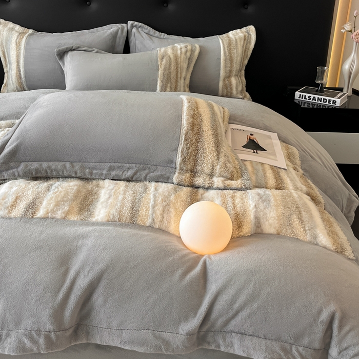 91家纺网 家纺一手货源 找家纺 羽梦家纺 2025新款260克加厚全消光皮草款阳光绒轻奢四件套 托斯卡纳-暗灰