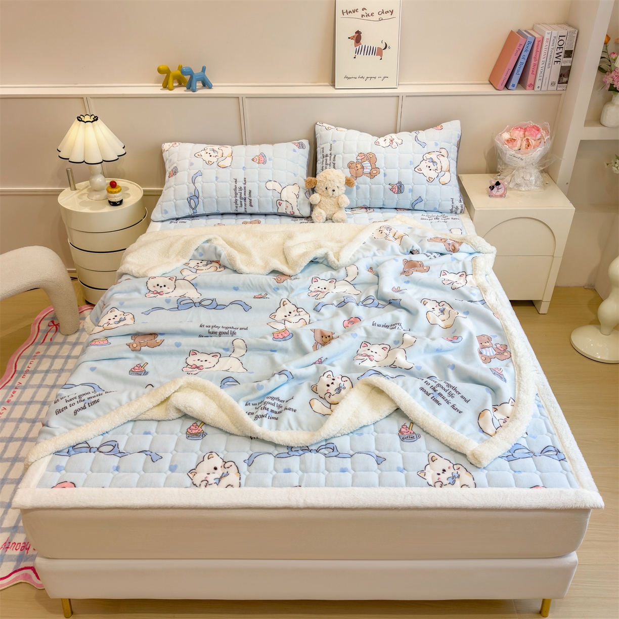 91家纺网 家纺一手货源 找家纺 丝幔家纺 2025新款牛奶绒印花床护垫成人款 欢乐下午茶