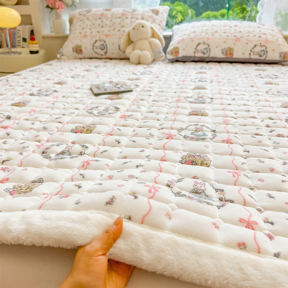 91家纺网 家纺一手货源 找家纺 丝幔家纺 2025新款牛奶绒印花床护垫成人款 秘密花园