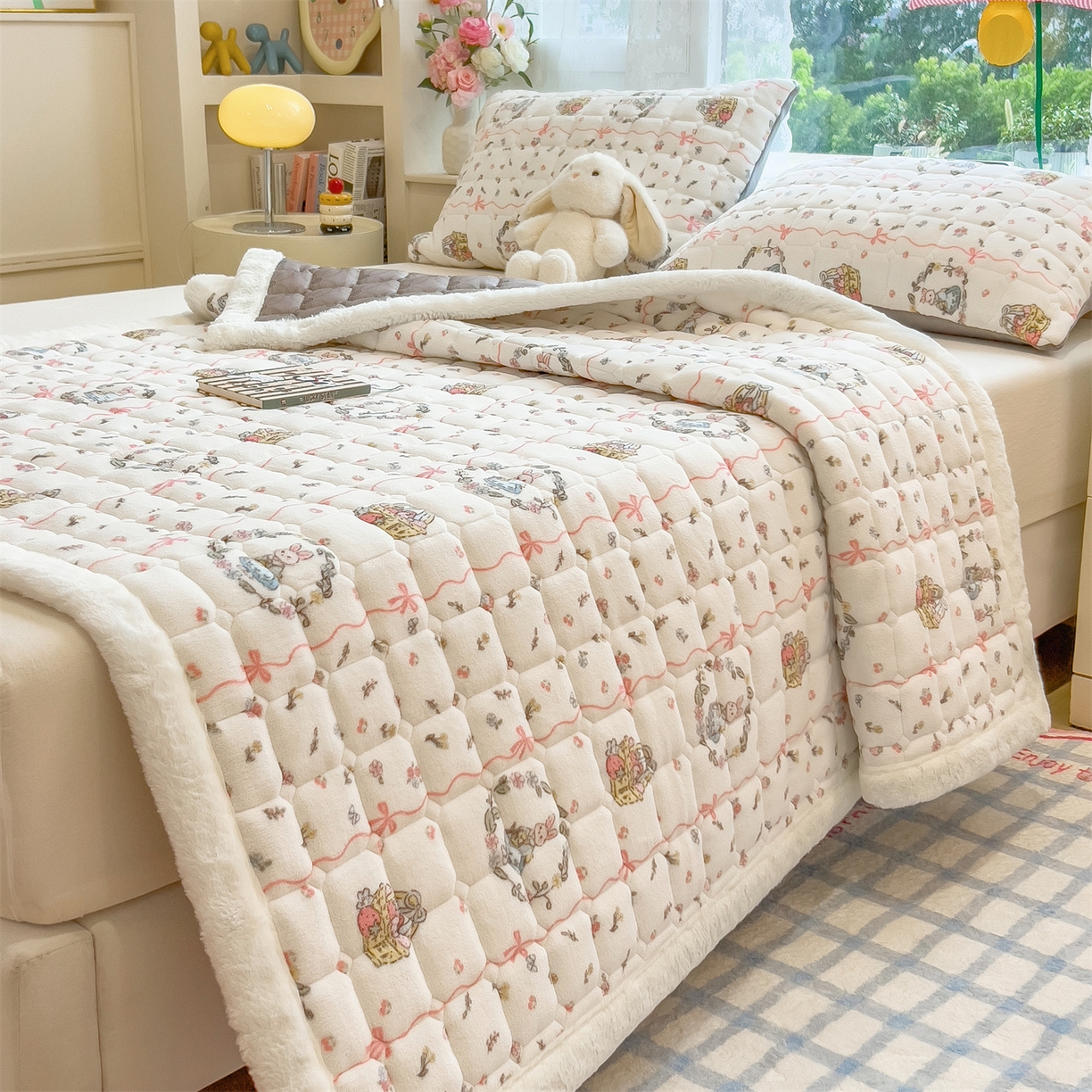 91家纺网 家纺一手货源 找家纺 丝幔家纺 2025新款牛奶绒印花床护垫成人款 秘密花园