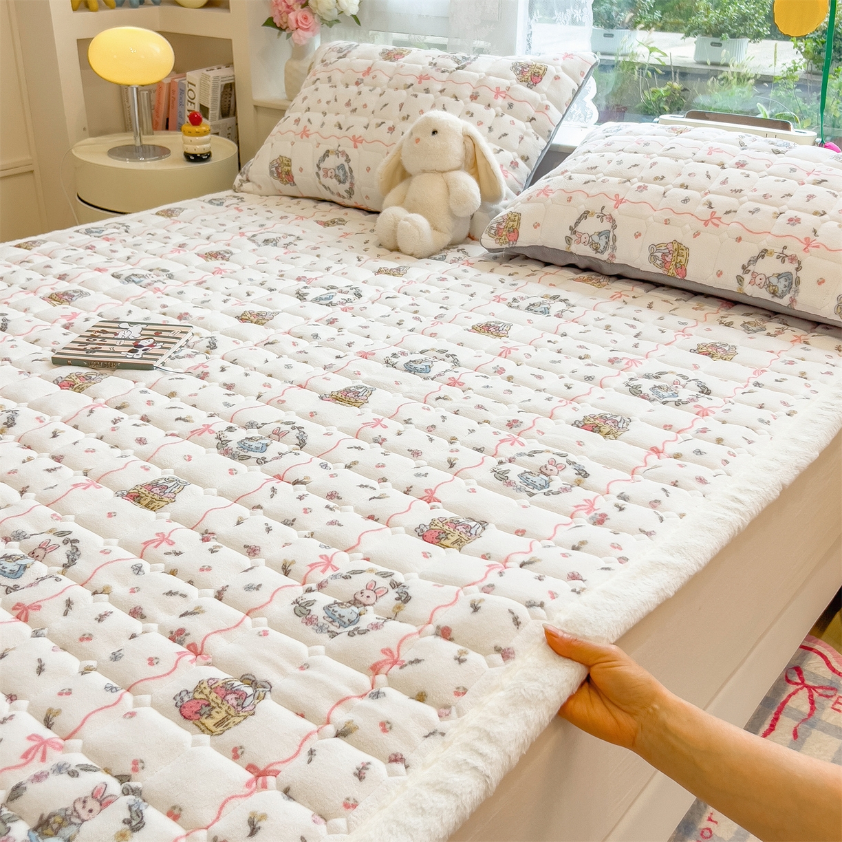 91家纺网 家纺一手货源 找家纺 丝幔家纺 2025新款牛奶绒印花床护垫成人款 秘密花园