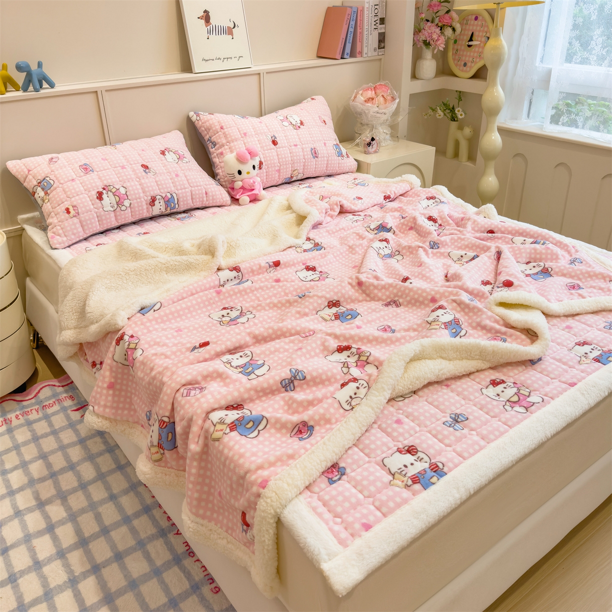 91家纺网 家纺一手货源 找家纺 丝幔家纺 2025新款牛奶绒印花床护垫成人款 甜心粉猫