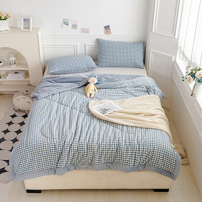 91家纺网 家纺一手货源 找家纺 天瑜家纺 2025新款全棉纯棉色织水洗棉手包豆豆被大豆被被子被芯 蓝小格