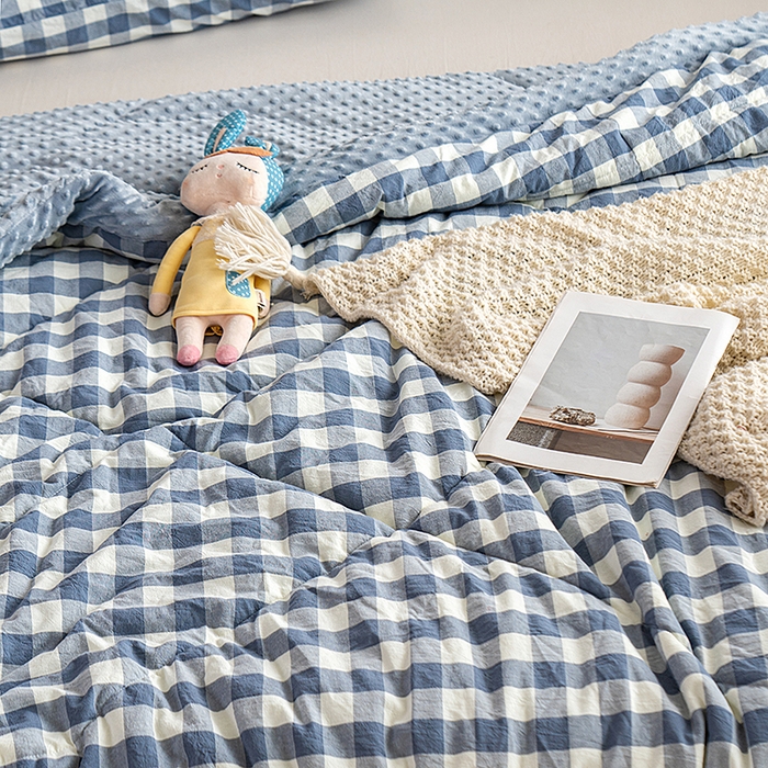 91家纺网 家纺一手货源 找家纺 天瑜家纺 2026新款全棉纯棉色织水洗棉手包豆豆被大豆被被子被芯 蓝中格