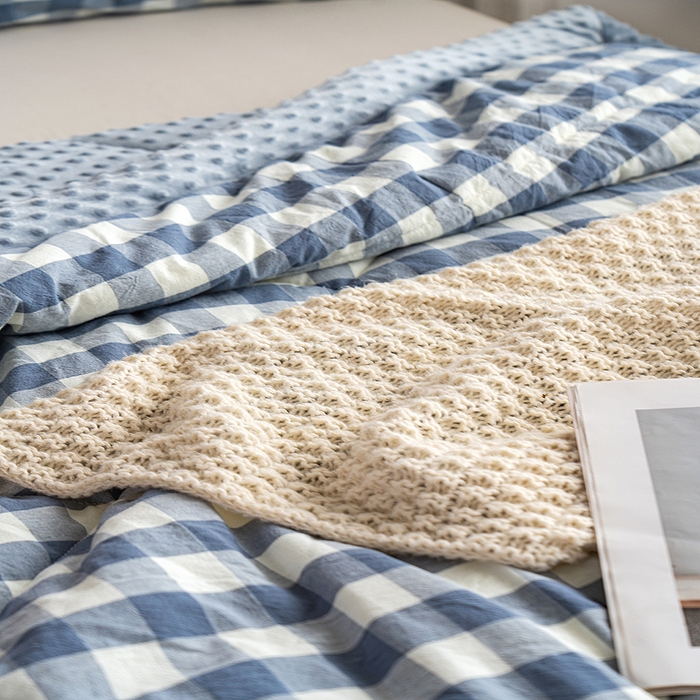 91家纺网 家纺一手货源 找家纺 天瑜家纺 2026新款全棉纯棉色织水洗棉手包豆豆被大豆被被子被芯 蓝中格