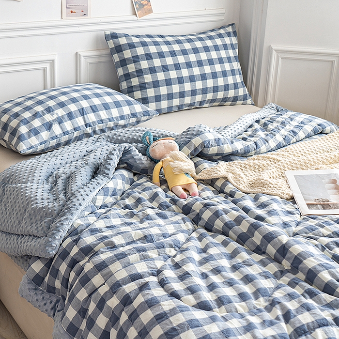 91家纺网 家纺一手货源 找家纺 天瑜家纺 2026新款全棉纯棉色织水洗棉手包豆豆被大豆被被子被芯 蓝中格