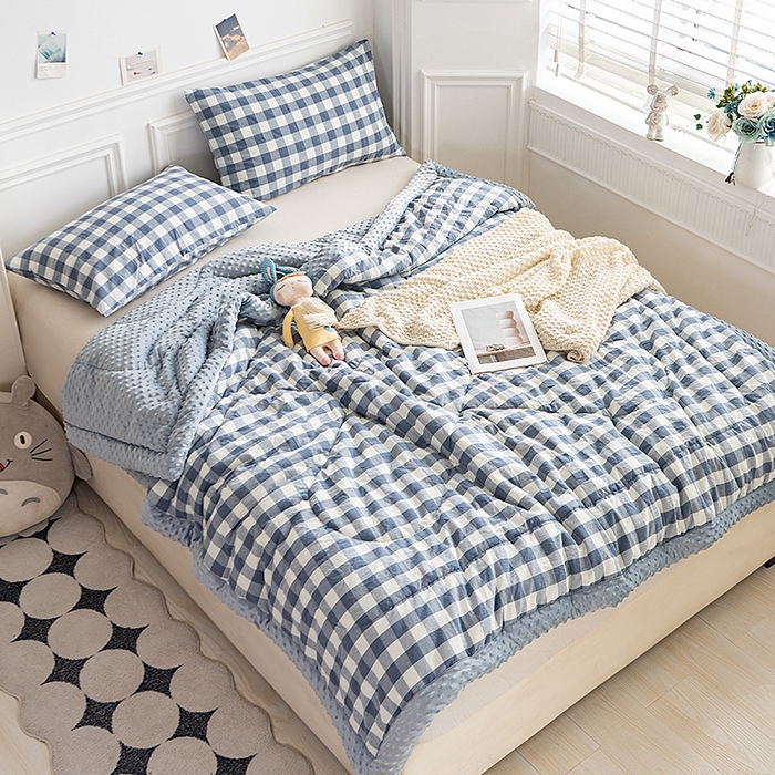 91家纺网 家纺一手货源 找家纺 天瑜家纺 2026新款全棉纯棉色织水洗棉手包豆豆被大豆被被子被芯 蓝中格