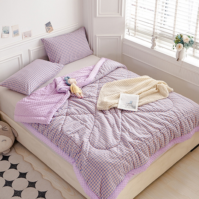 91家纺网 家纺一手货源 找家纺 天瑜家纺 2025新款全棉纯棉色织水洗棉手包豆豆被大豆被被子被芯 紫粉小格