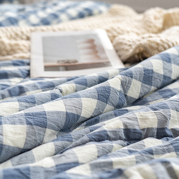 91家纺网 家纺一手货源 找家纺 天瑜家纺 2026新款全棉纯棉色织水洗棉手包豆豆被大豆被被子被芯 蓝中格